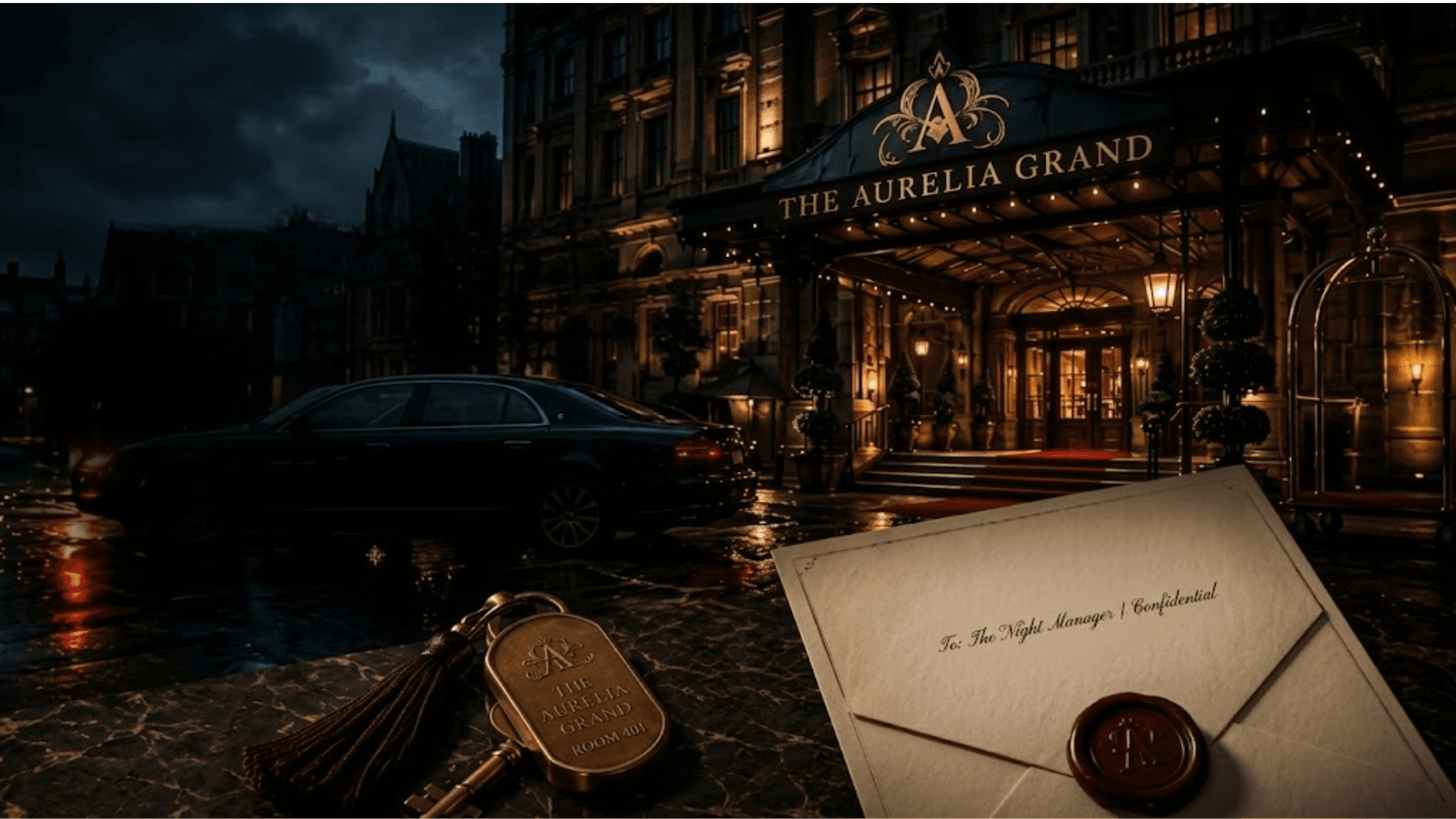 The Aurelia Grand at night, with a sealed envelope and brass hotel key.