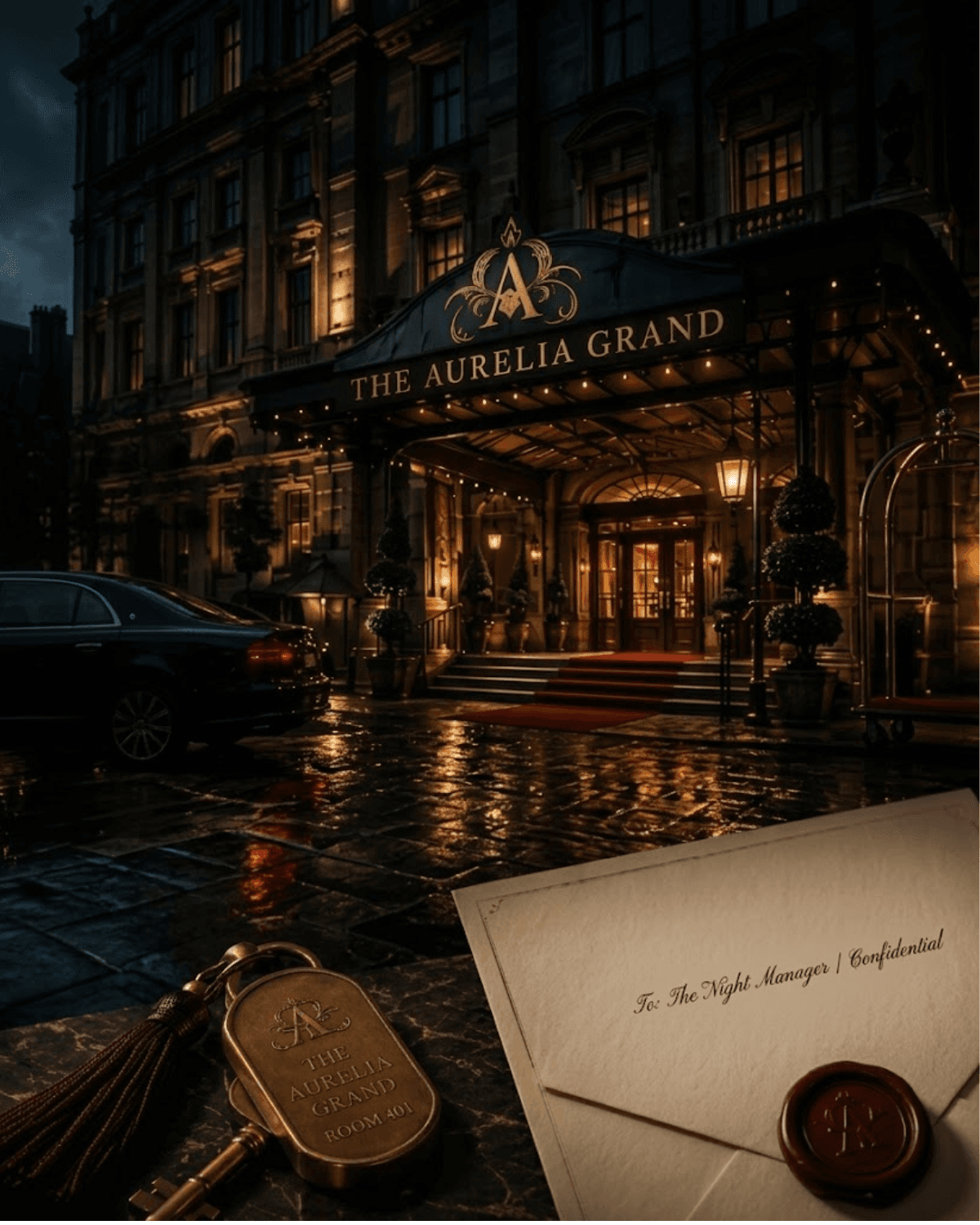 The Aurelia Grand at night, with a sealed envelope and brass hotel key.