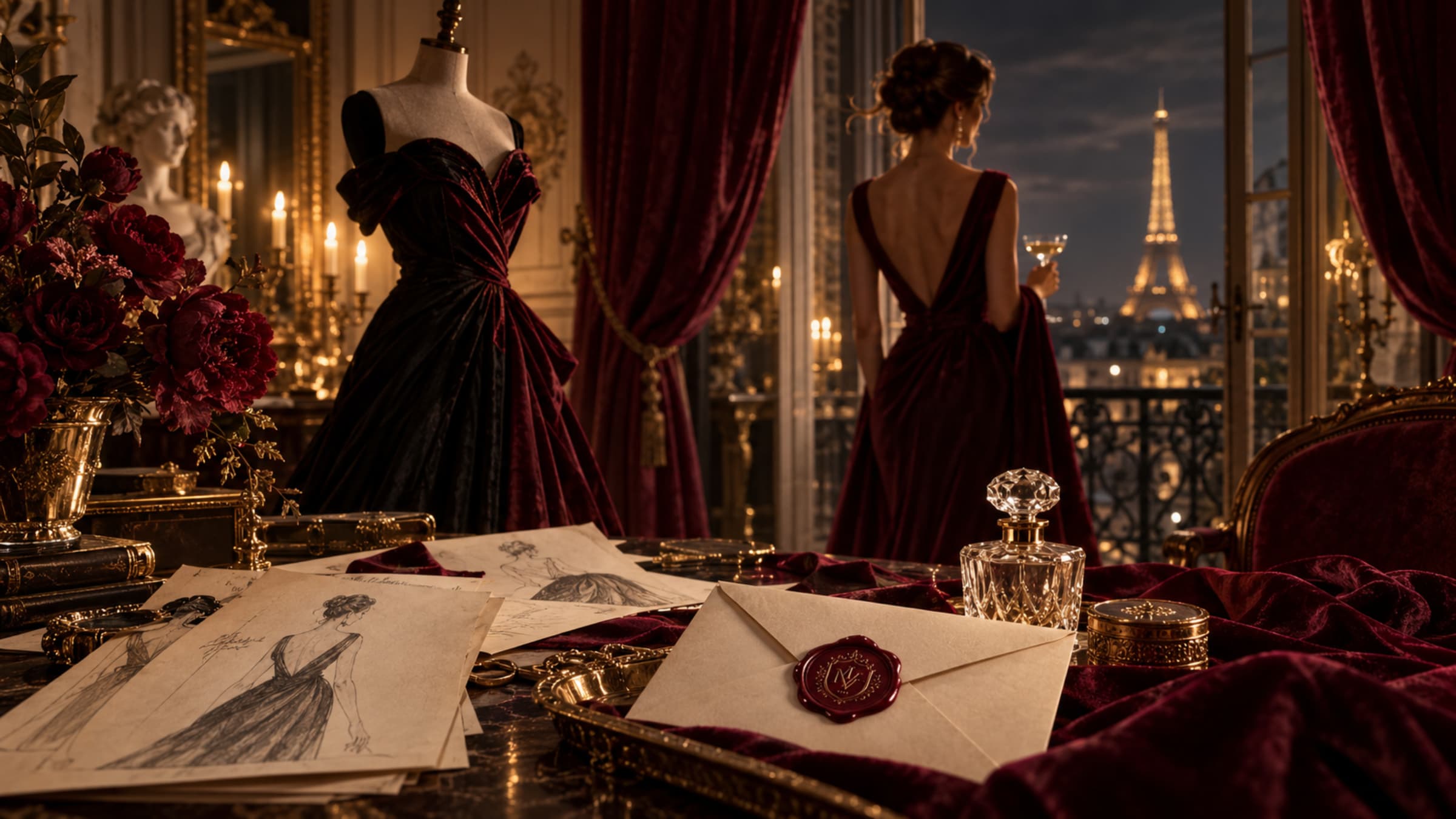 Maison Varenne at night: a velvet gown, sealed invitation and a view of Paris.