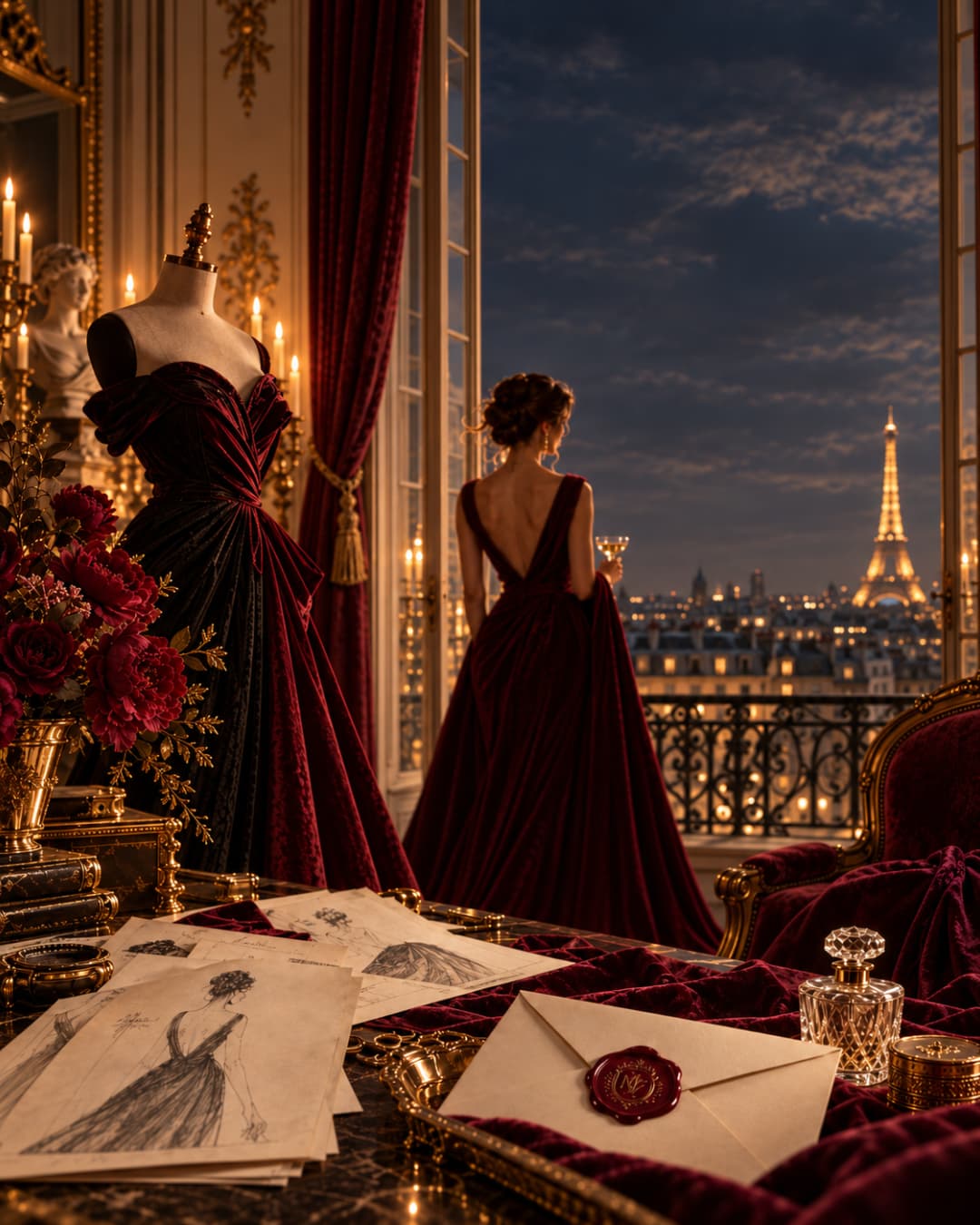 Maison Varenne at night: a velvet gown, sealed invitation and a view of Paris.