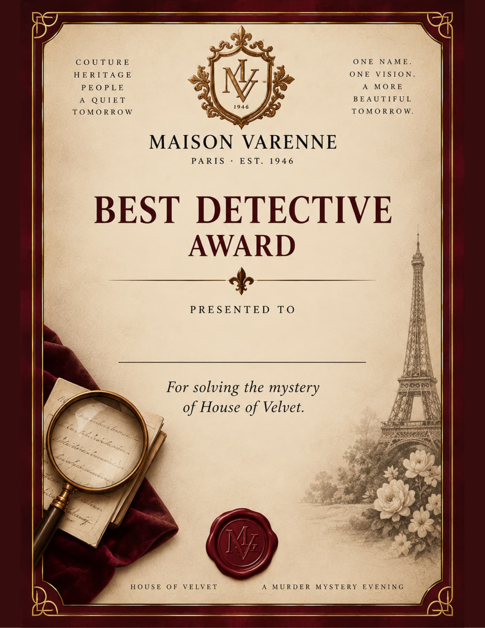 House of Velvet awards printables.