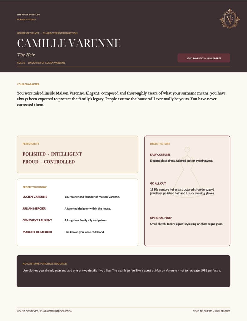 Spoiler-free character introduction for Camille Varenne.