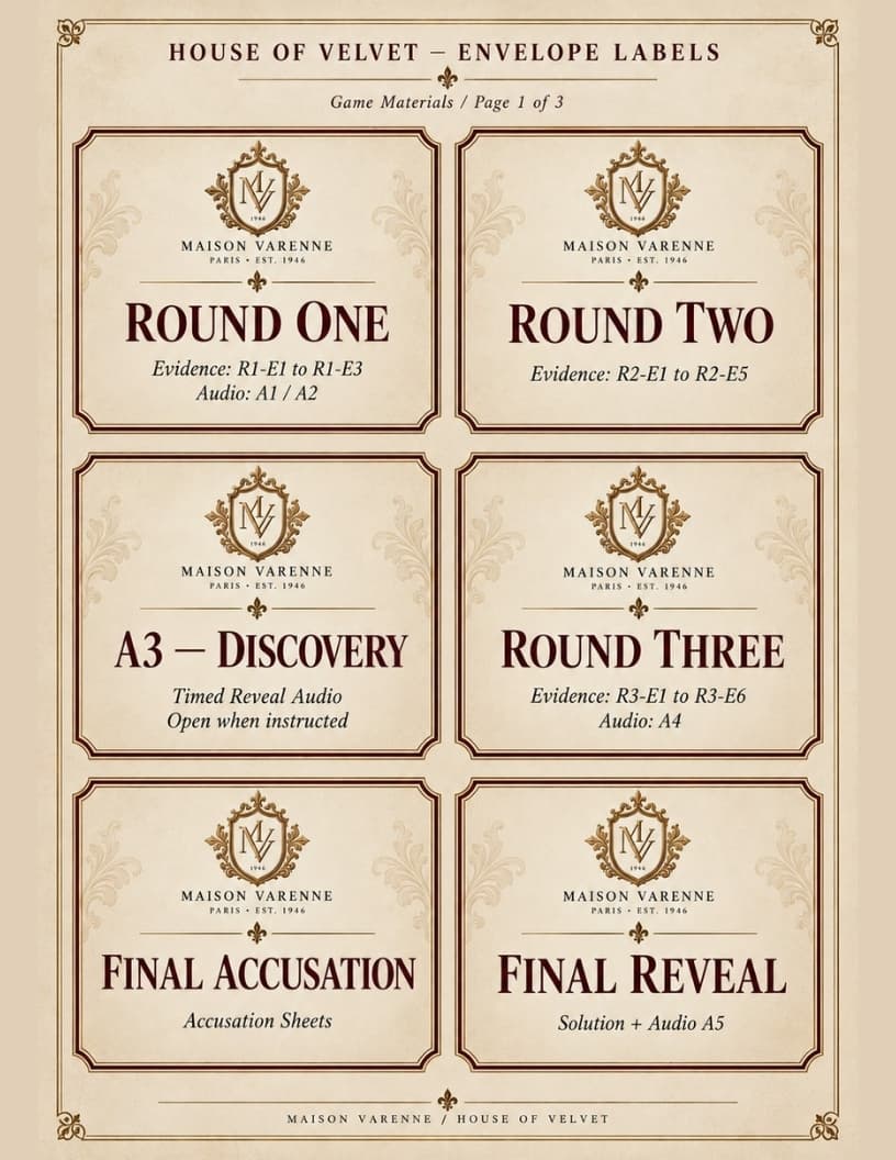 House of Velvet envelope labels.