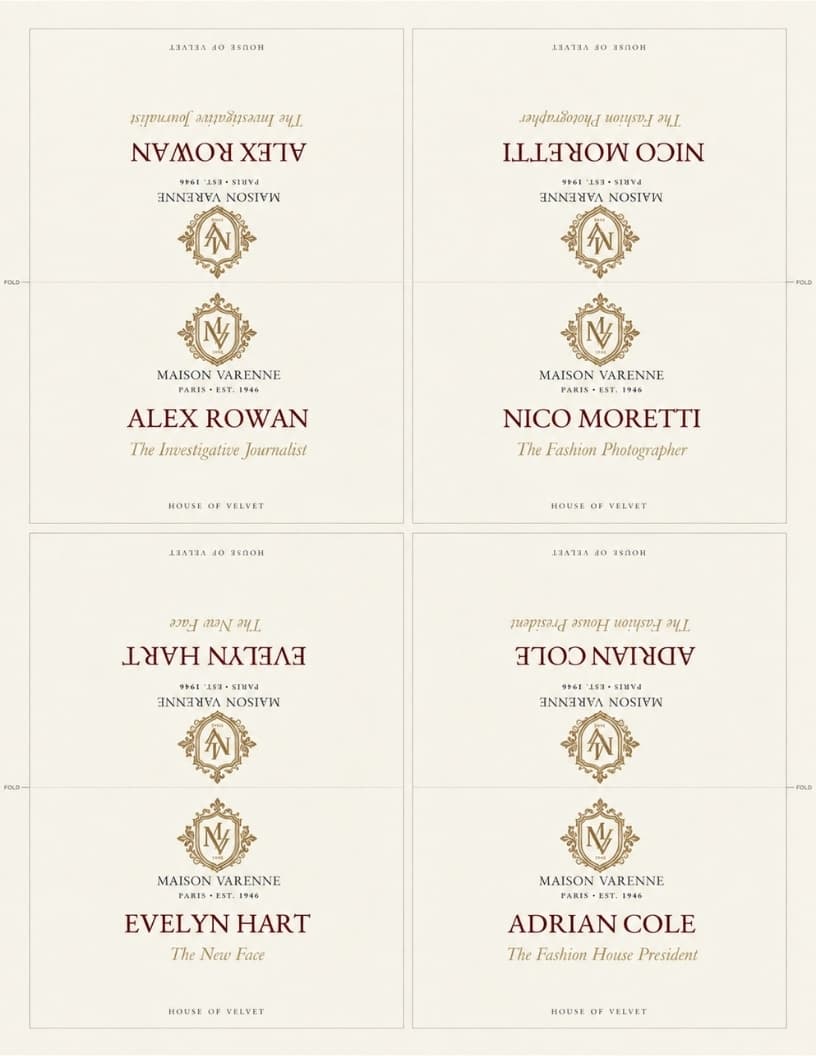 House of Velvet character name cards.